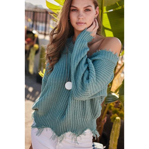 Main Strip Frayed V-Neck Sweater, Mineral Blue - Picture 7 of 7